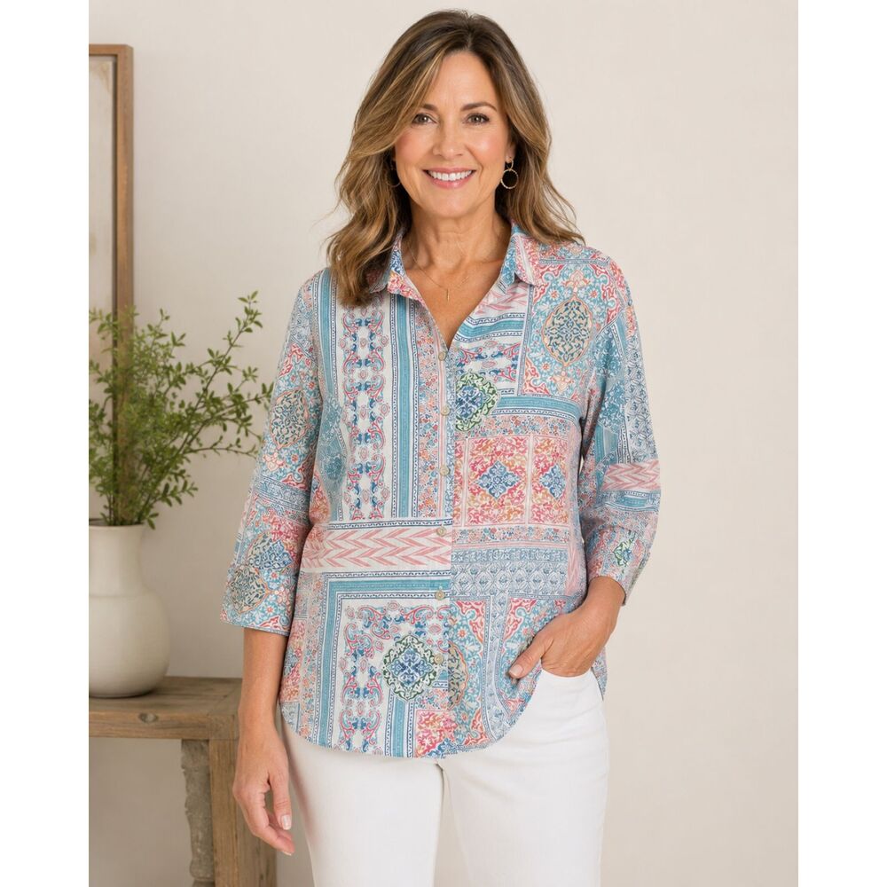 Chico's 100% Linen Patchwork Print Button Front Shirt Women's 0.5 US 6 Boho